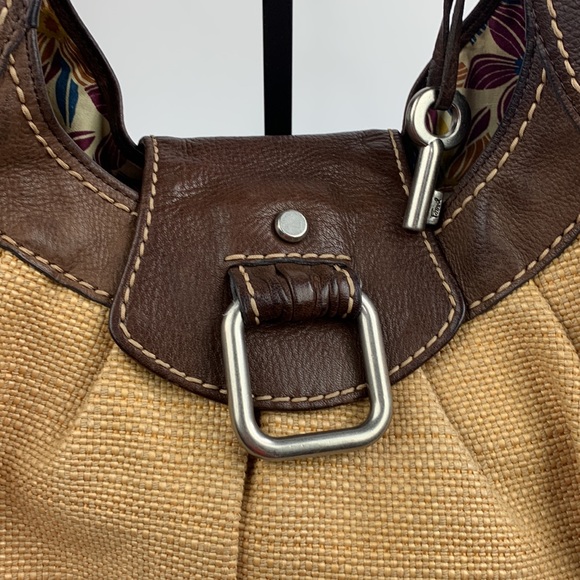 Fossil Hobo Tweed Leather Bag Light Dark Brown Floral Lining silver buckle - Picture 6 of 16